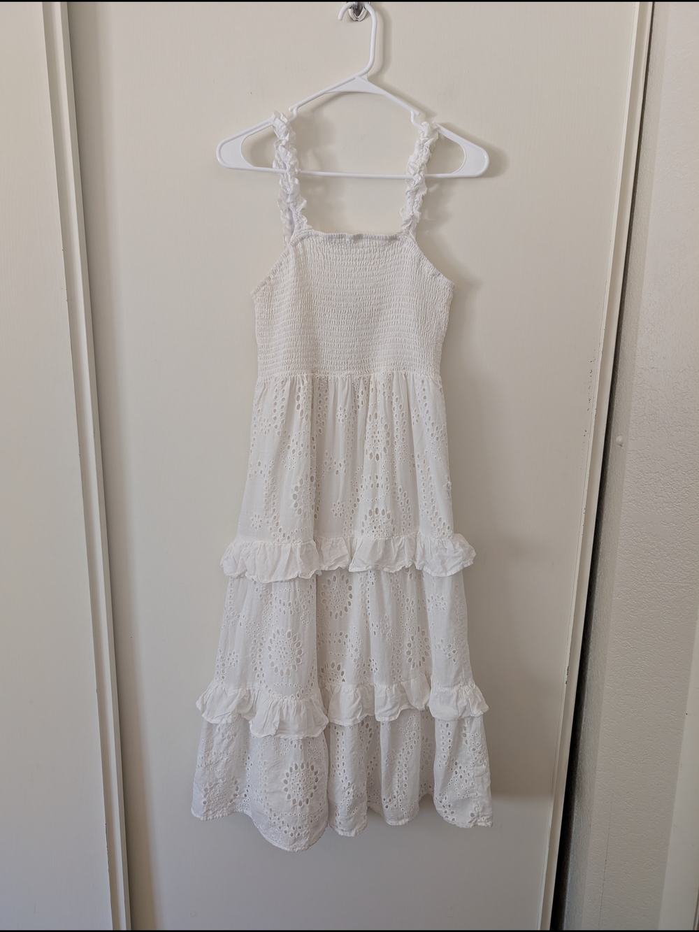 AURA Womens Medium 100% Cotton White Smocked Eyelet Maxi Dress Cottagecore